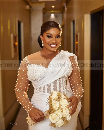Ivory Civil Wedding Dresses for Bride Sheer Neck Long Sleeve Corset Pearls Aso Ebi Nigeria Courthouse Bridal Gowns Customized