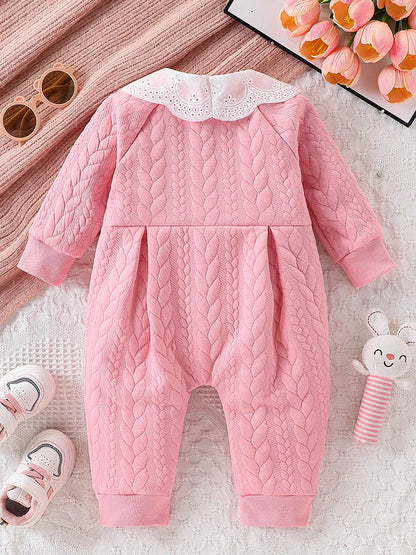 Pink Thickened One-Piece Romper for Baby Girls, with Cable Knit Quilted Fabric, Doll Collar with Hollow Lace, Double Bow, Snap Buttons on the Front and Crotch, Warm and Cute