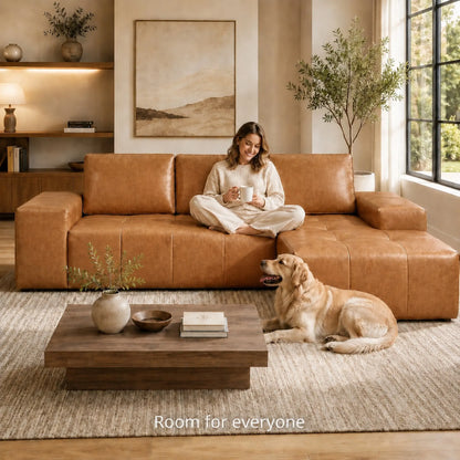 114" Cloud Sectional Sofa with Chaise, L-Shaped Modular Faux Leather Couch, Boneless Deep Seat Sofa No Assembly Needed for Living Room Apartment Bedroom, Brown