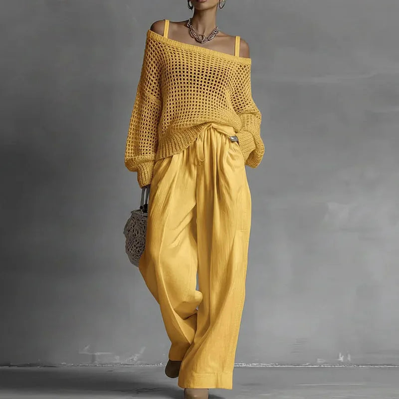 Off Shoulder Hollow Knit Womens 2 Piece Set Long Sleeve High Waist Wide Leg Pants Outfit Casual Loose Summer Beach Vacation Suit