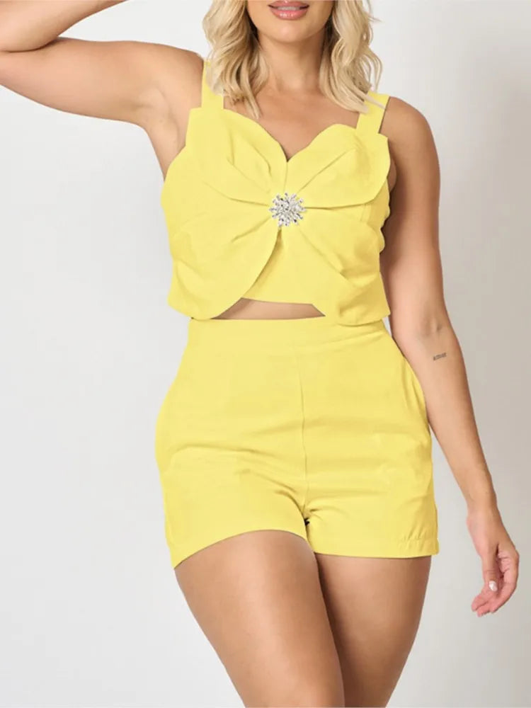 Women Fashion White Black Casual Sleeveless Tank Top Two Piece Sets Outfit Summer Sexy Backless Folds  Vest +pockets Shorts Set