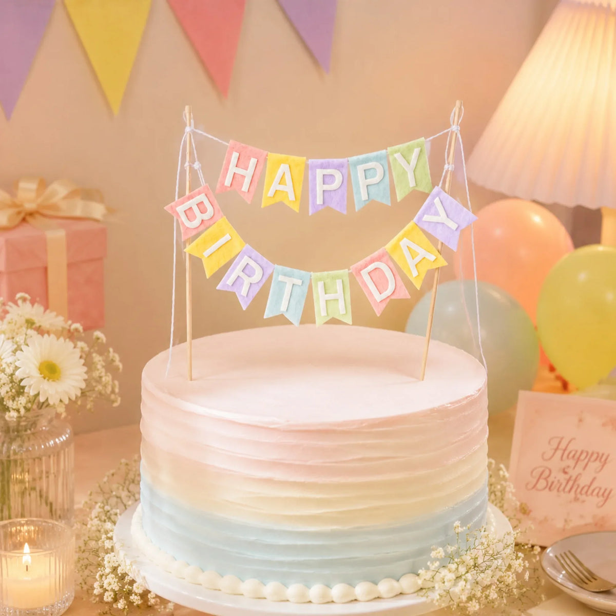 Happy Birthday Cake Topper Banner, Pastel Felt Cake Decoration for Birthday Party Dessert Table Celebration Supplies