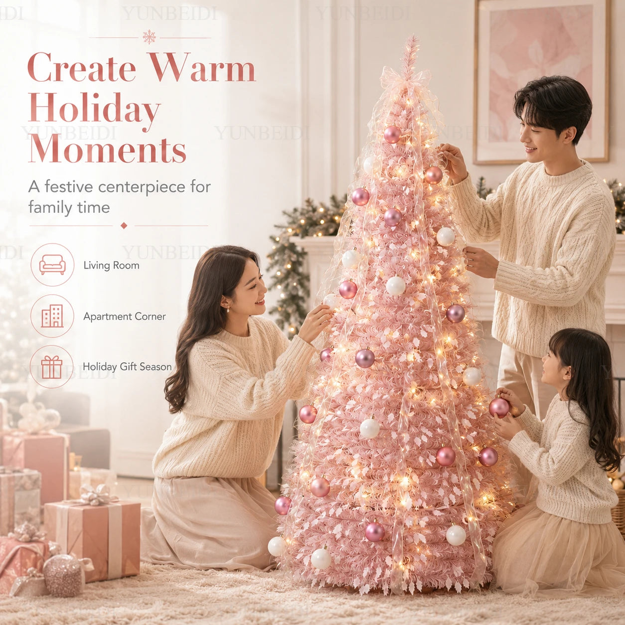 Pink Integrated Foldable Christmas Tree with Ornaments LED Lights High-end Christmas Tree 1.5M/1.8M Family Christmas Decorations