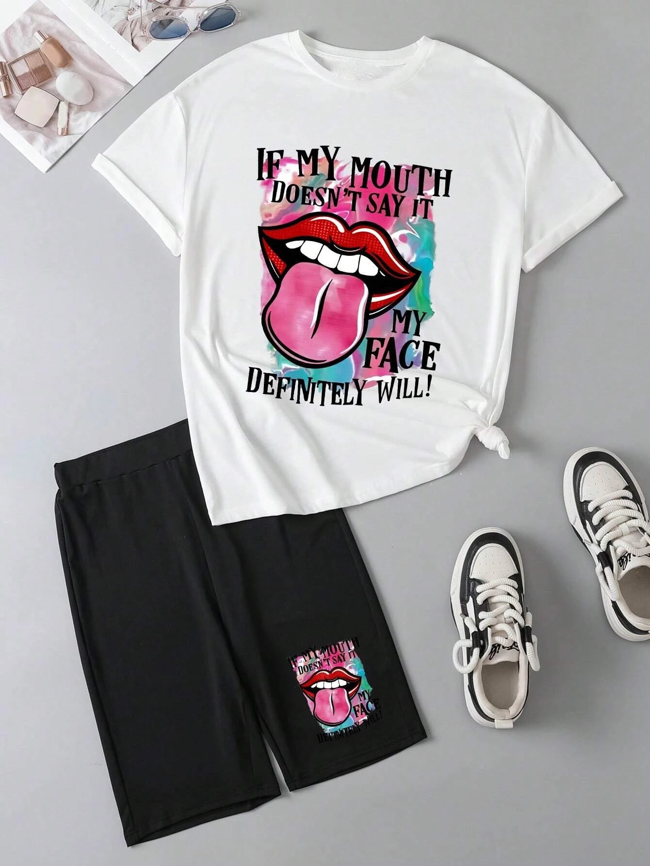 My Mouth Doesn'T Say It Printing Women T Shirts Two Piece Set Fashion Novel Short Sets New Summer Breathable Shirt Shorts Female