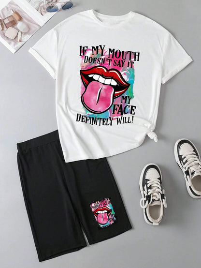 My Mouth Doesn'T Say It Printing Women T Shirts Two Piece Set Fashion Novel Short Sets New Summer Breathable Shirt Shorts Female