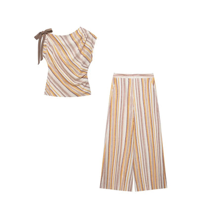 TFMLN Women's Stripe Printed Sets Chic Bow Decoration Sleeveless Irregular Top Wide Leg Pants Female Holiday Sets 2026 Summer