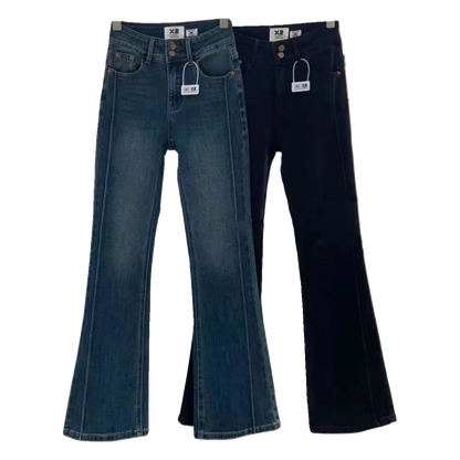 Women's High Waist Slim Fit Denim Jeans Bell Bottoms Thickened Fleece Autumn Winter Fashion Retro Style Elastic Cotton Jeans