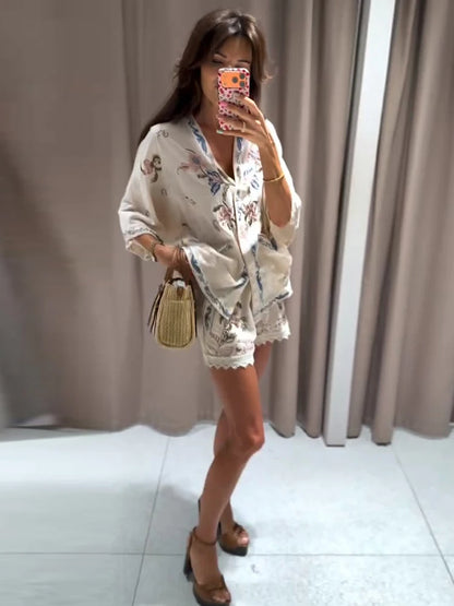 Floral Embroidered Linen-Blend Kimono Half-Sleeve Shirt & Lace Trim Shorts 2-Piece Set 2026 Summer Casual Women Office Outfit