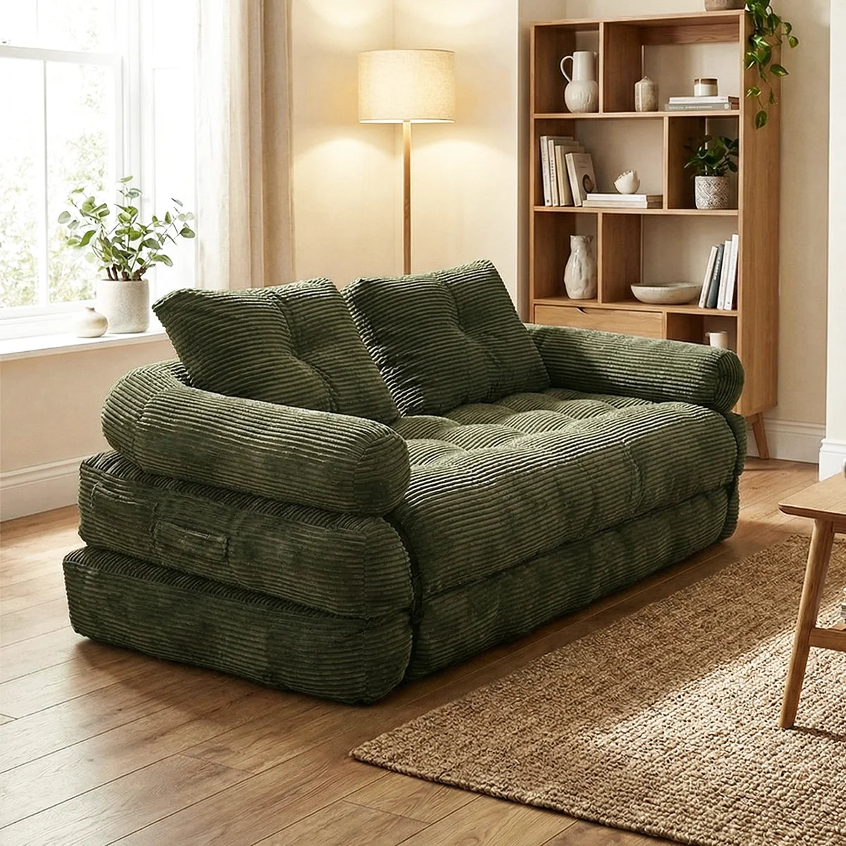 Modern Convertible Sofa Bed, 2-Seater Vacuum Packed Compressed Couch, Soft Memory Foam Floor Sofa for Small Space Living Room