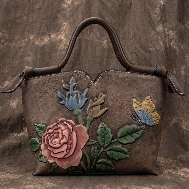 Johnature Retro Large Capacity Genuine Leather Luxury Handbags Women Bags 2026 New Floral Cowhide Shoulder&Crossbody Bags