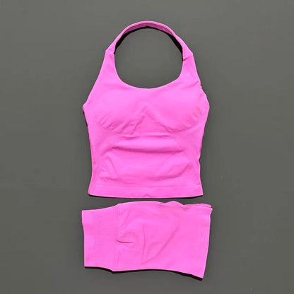 2 Pieces Shorts Yoga Set Women Backless Halter Tops High Waist Seamless Shorts Gym Suit Fitness Sportswear Workout Sets