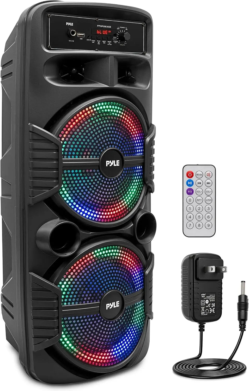 Rechargeable Portable Bluetooth PA Speaker System with 600W Power, Dual 8-Inch Subwoofers, 1-Inch Tweeter, Mic Input, Party Lights, USB, FM Radio, and Remote Control – Ideal for Outdoor Parties