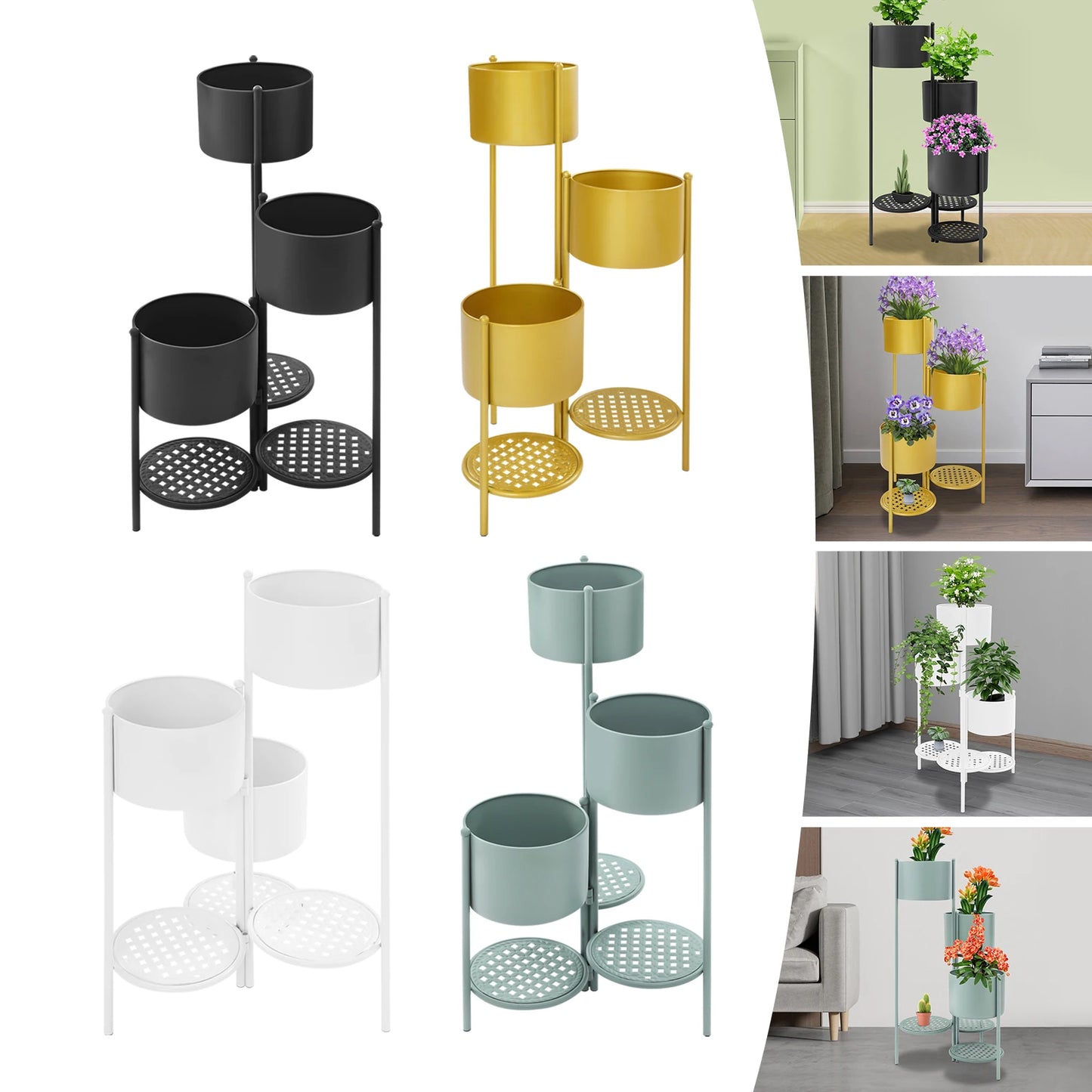 3 Tier Corner Plant Stand Foldable, 16x31in Iron Flower Pot Holder w/ Shelves for Indoor Outdoor Balcony, White/Green/Gold/Black