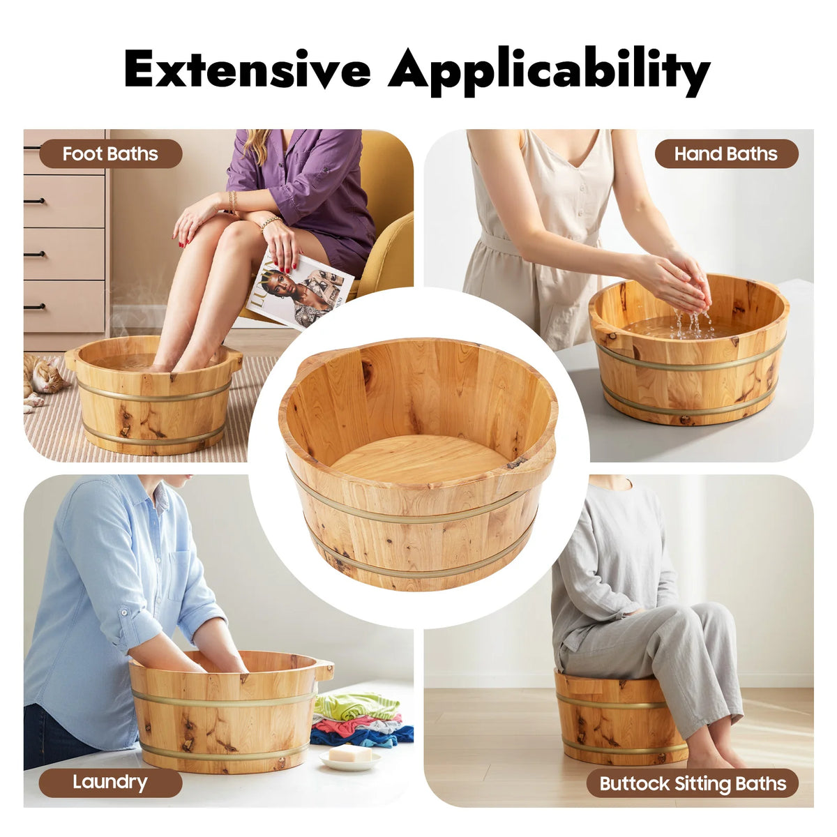 Cypress Wood Foot Bath Bucket 14.37x7.09 in, Heat Retention Spa Soaking Tub Durable Anti-Crack Wood Foot Care Soaker with Iron Hoops for Fatigue Relief