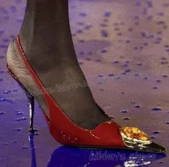 Crystal Metal Decor Pumps Genuine Leather Slip-On Mixed Color Fashion Elegant Concise Sexy Luxury Women Shoes Thin Heels Pointy