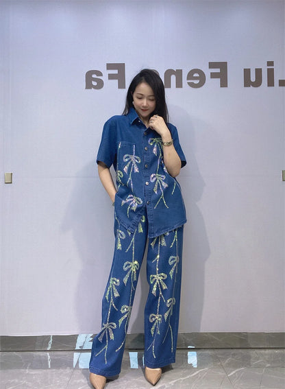 Sequins Bow Short Sleeve Denim 2 Pieces Set For Woman Outfits Casual Wide Leg Pant Sets Y2k Clothes Vestidos Streetwear Outwear