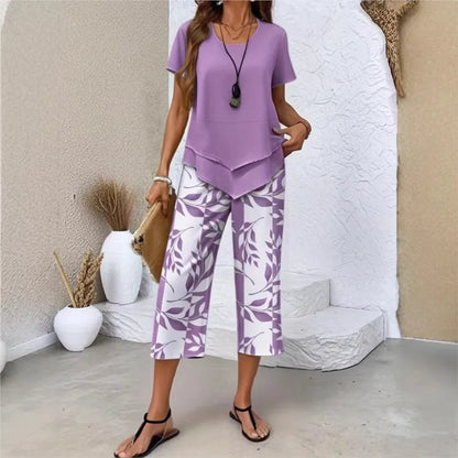Lady Summer Casual Cropped Pants Two-piece Set Fashion Solid Color Top+printed Pants Suit Women's Irregular Hem Tops Outfit