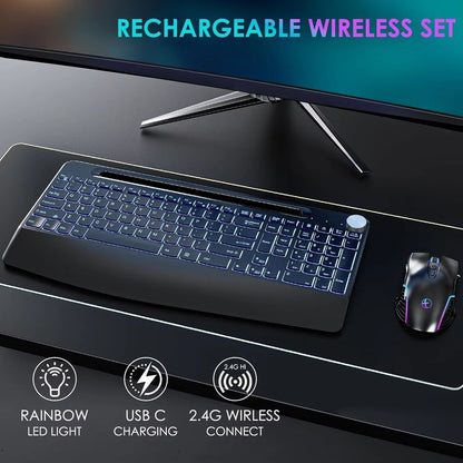 7 Colors Backlit Keyboard With Slot and Wrist Rest Volume Knob Keyboard Jiggle Mouse Set,Full Size Rechargeable Keyboard Set