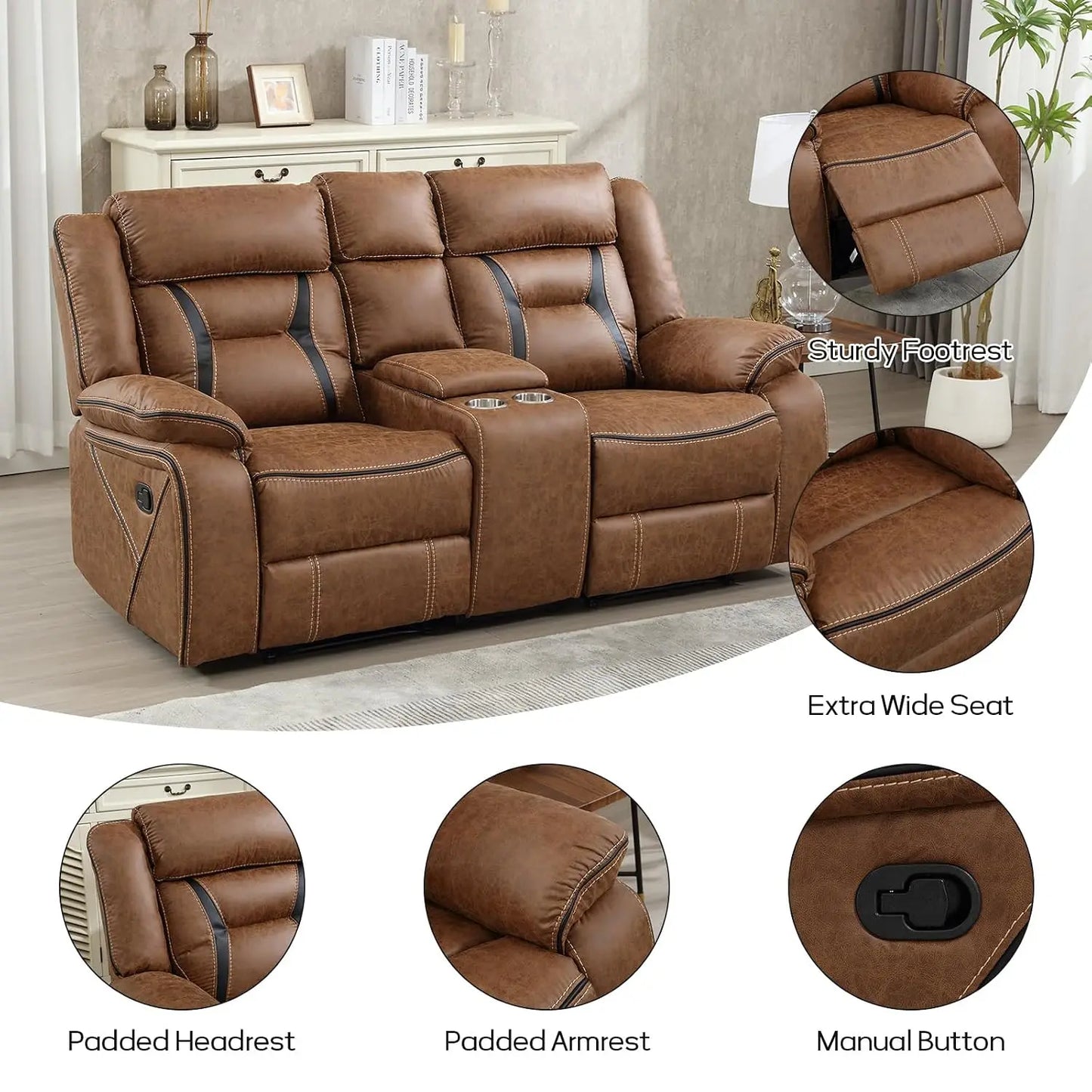 Faux Leather Manual Loveseat Recliner, 2 Seat Reclining Sofa Chair with Center Console, Hidden Storage and Cup Holders,, Custom