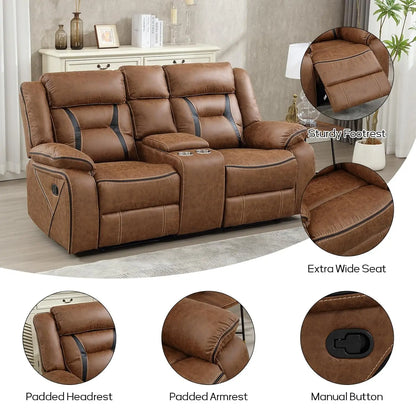 Faux Leather Manual Loveseat Recliner, 2 Seat Reclining Sofa Chair with Center Console, Hidden Storage and Cup Holders,, Custom