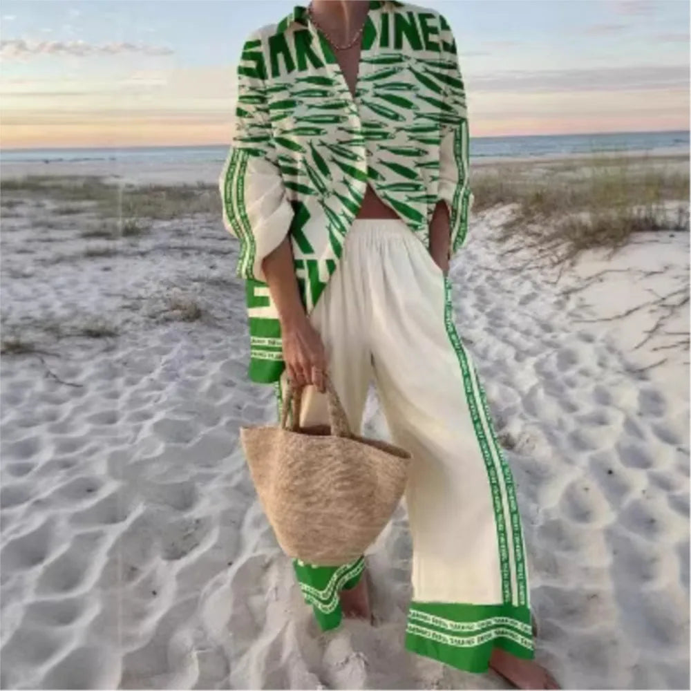 Summer Casual Shirts Two Piece Outfits 2 Pieces Set For Woman New In Matching Sets Blouse For Woman Temperament Vacation Printed
