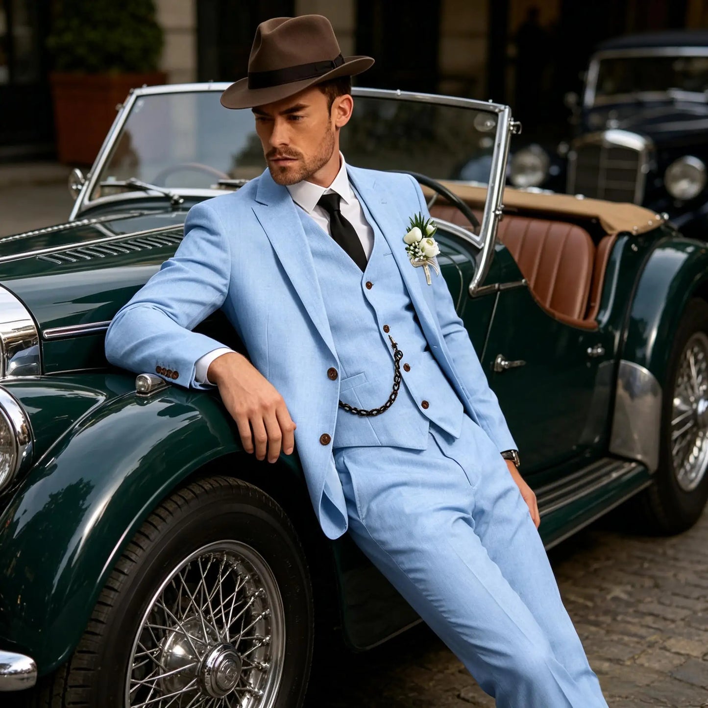 Men's 3 Piece Linen Suit, Slim Fit Notch Lapel Single Breasted Blazer Vest Pants Set Breathable Casual Business Wedding Suit