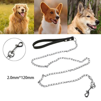 Heavy Duty Metal Chain Dog Lead With Leather Handle Long Strong Control Leash Outdoor Pet Traction Rope Anti Bite Chain Supplies