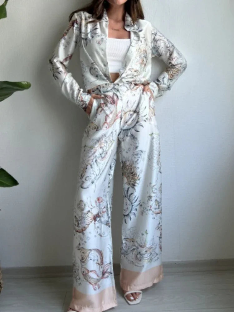 2 Pieces Set for Woman 2025 Summer New Elegant Print Long Sleeves Shirt Tops Suits Fashionable Casual Loose Wide Leg Pants Sets