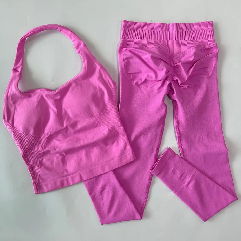 1-2pcs Gym Set Women Backless Tank Tops High Waist Scrunch Seamless Shorts High Waist Yoga Leggings Workout Sets Gym Suit