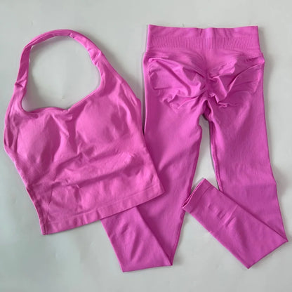 1-2pcs Gym Set Women Backless Tank Tops High Waist Scrunch Seamless Shorts High Waist Yoga Leggings Workout Sets Gym Suit