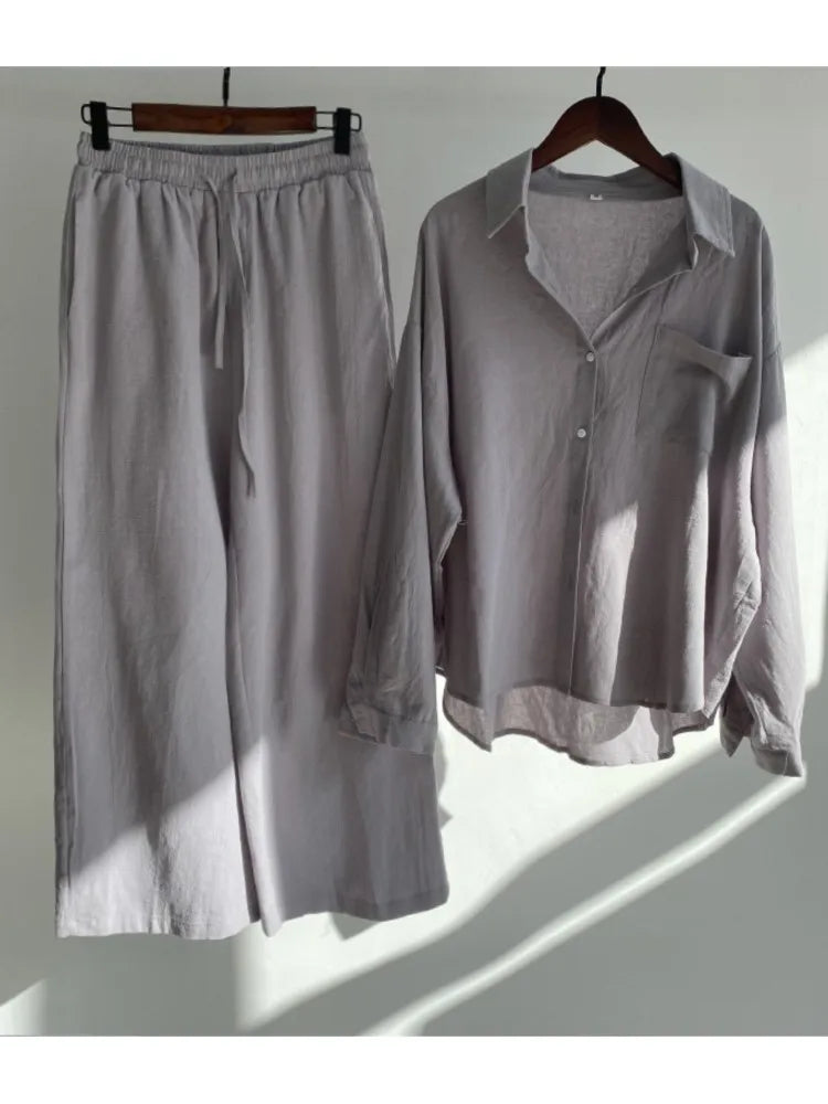 Cotton And Linen Solid Color Pant Sets Women Single-breasted Shirts And Drawstring Loose Wide Legs Trousers Two Piece Set Casual