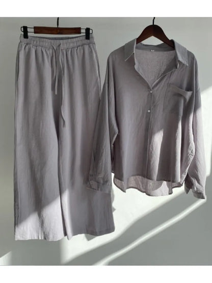 Cotton And Linen Solid Color Pant Sets Women Single-breasted Shirts And Drawstring Loose Wide Legs Trousers Two Piece Set Casual