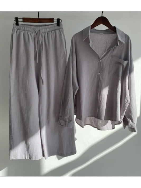 Cotton And Linen Solid Color Pant Sets Women Single-breasted Shirts And Drawstring Loose Wide Legs Trousers Two Piece Set Casual