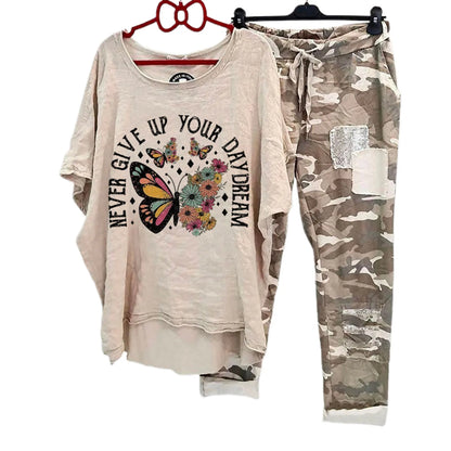 Womens Two Piece Camouflage Set Summer Outfits for Women Cotton Linen Suit 2023 Casual Print Short Sleeve Harajuku