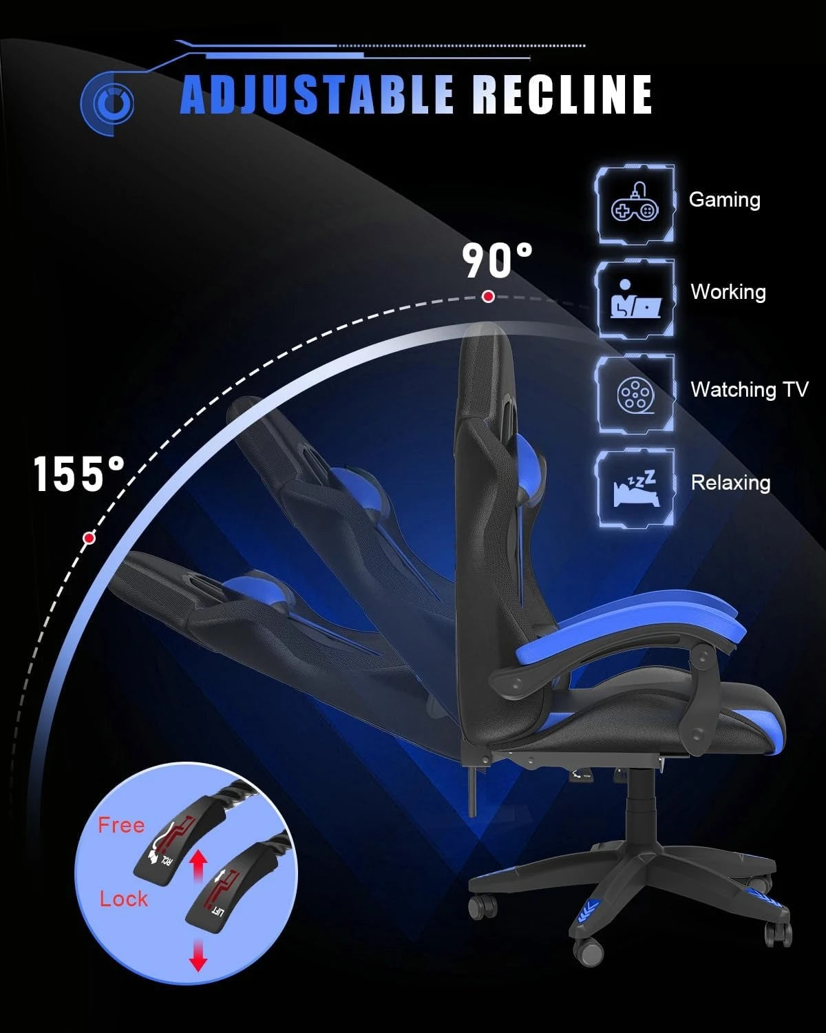 Gaming Chair with RGB LED Lights for Kids & Adults, High Back Ergonomic with Headrest and Lumbar (Black/Blue)