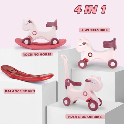 Toddler Rocking Horse Ride‑On Toy, Convertible Baby Rocker & Sliding Car with Backrest, Safe Indoor Play Gift for 1‑3Y Kids Boys Girls