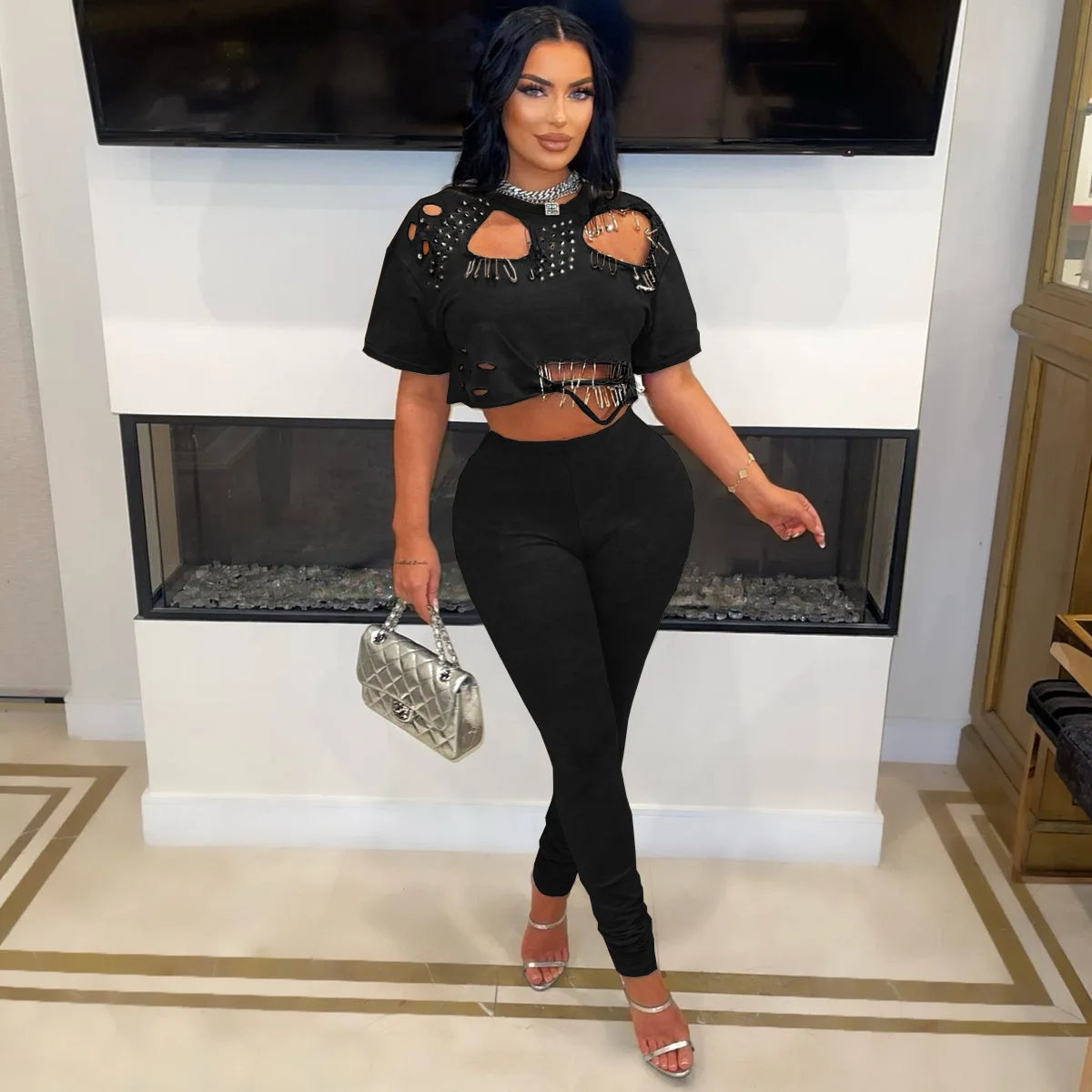 Women's Fashion White Two Piece Set Solid Loose Round Neck Piercing Pin Short T-shirt Pants 2026 Spring/Summer Set Red Black