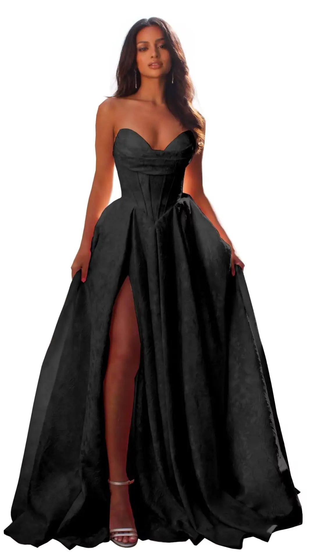 Jacquard Satin Prom Dresses with Slit Strapless Corset A Line Long Formal Gowns Party Evening Gown Formal Dress Women Elegant