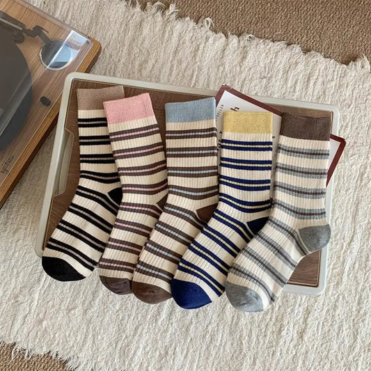 Women Socks New Colored Fashion Striped Socks For Woman Breathable Casual Trendy Preppy Style Girls Crew Cotton Comfort Socks