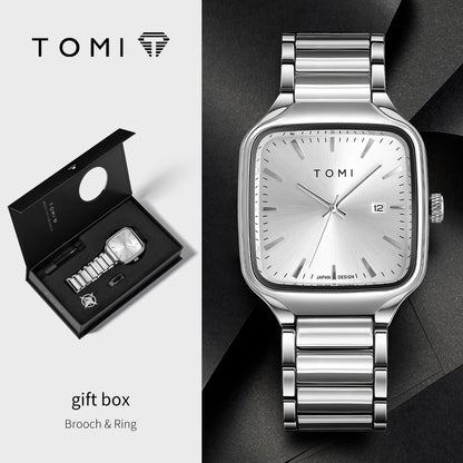 TOMI Men's Quartz Watch New Fashion Box Set Cufflinks Ring Fashion Set Box Watch as a Gift for Men's Gift Box