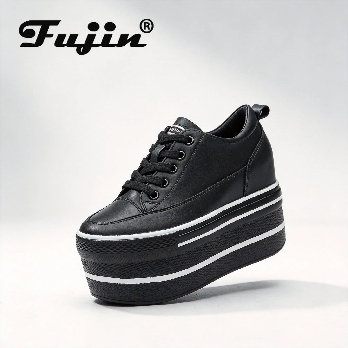 Fujin 10.5cm High Thick Heel Platform Flats Women Casual Shoes Genuine Leather Soft Quality Casual Shoe Sneakers White Black