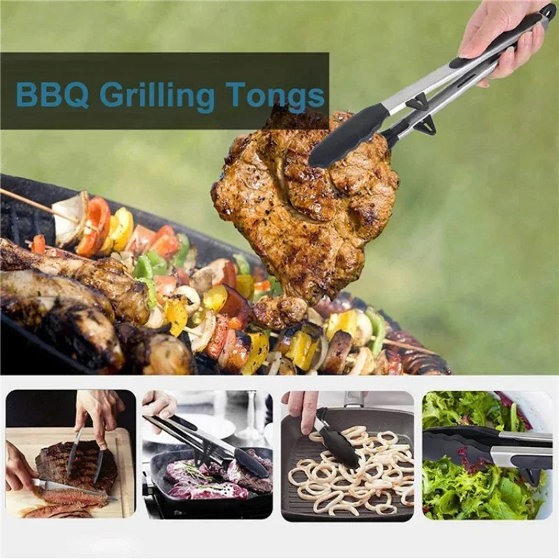430 Stainless Steel Food Clip Equipped with Heat-resistant Silicone Kitchen Tongs Bbq Barbecue And Steak Frying Tool Holder
