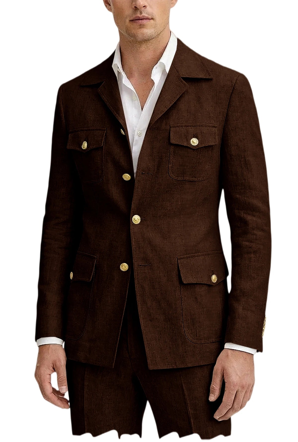 Men's Linen Suit 2 Piece Blazer Pants Set Multi-Pocket Safari Style Slim Fit Formal Business Casual Jacket Trousers for Summer