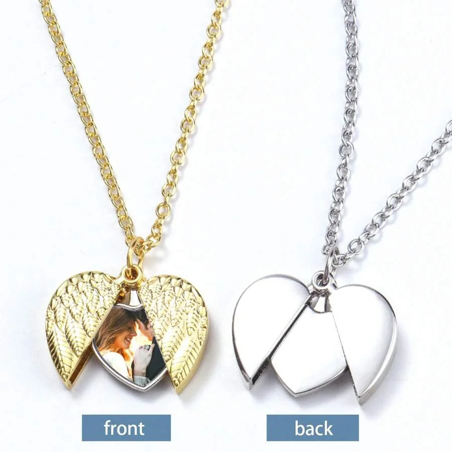 Custom photo pendant commemorative necklace, personalised heart-shaped photo angel wing pendant necklace, personalised gift