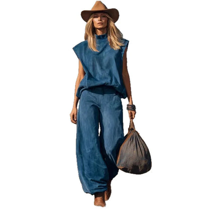 New Fashion Shirt + Wide Leg Pants Two-piece Sets Women Summer Casual Loose Solid Color Denim Top And Trousers Suit For Women