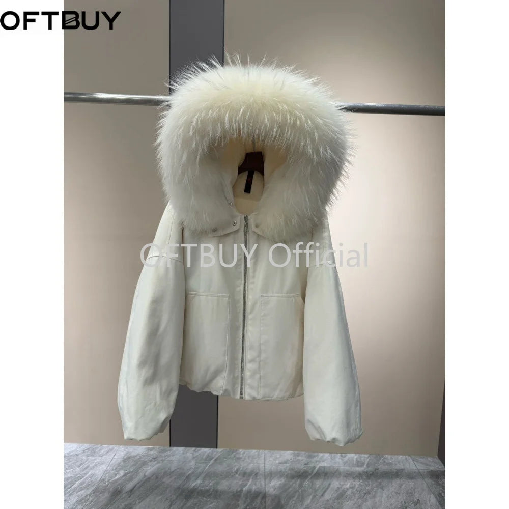 OFTBUY Natural Raccoon Fur Collar Goose Down Jacket Women Cropped Coat Winter Warm Hooded Zipper Windproof Fashion Outerwear