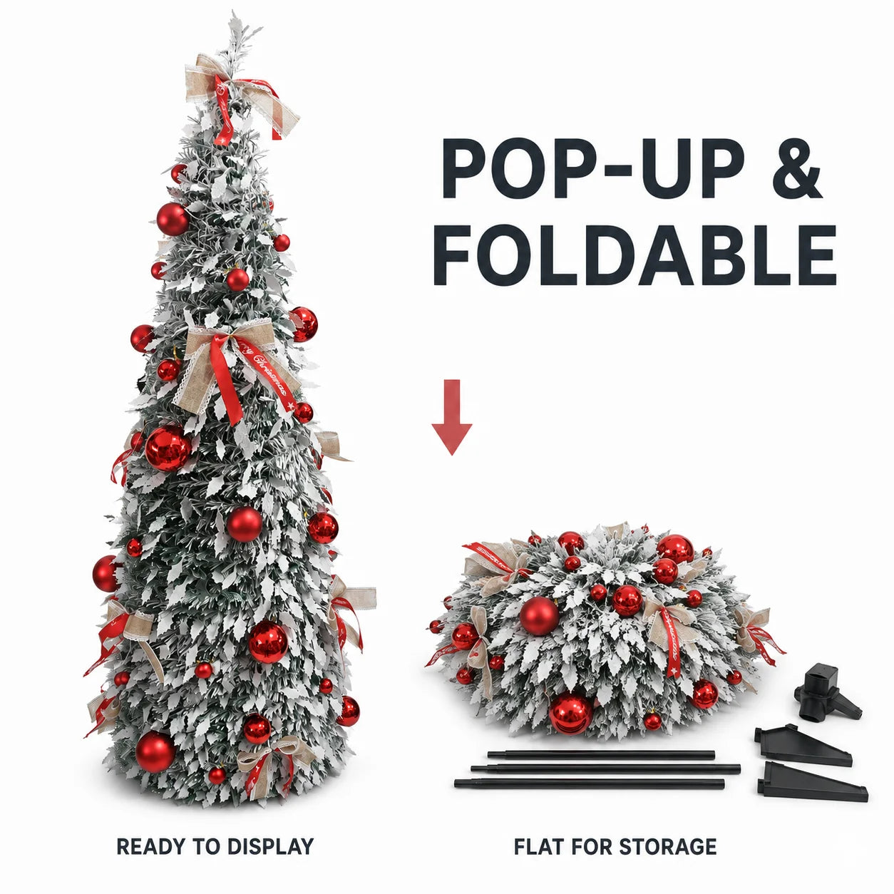 150cm/180cm/210cm Pop Up Collapsible PVC Artificial Christmas Tree Pre Decorated Optional USB LED Lights Metal Stand Home Decor