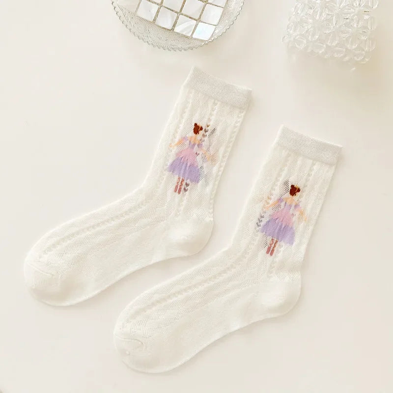 Transparent Crystal Silk Socks Women Fashion Ultra-thin Summer Harajuku Crew Socks Flower Streetwear Elastic Long Mesh Socks