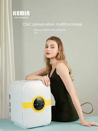 Mini refrigerator for storing facial masks, facial creams and cosmetics. Beauty refrigeration for skin care cosmetics.