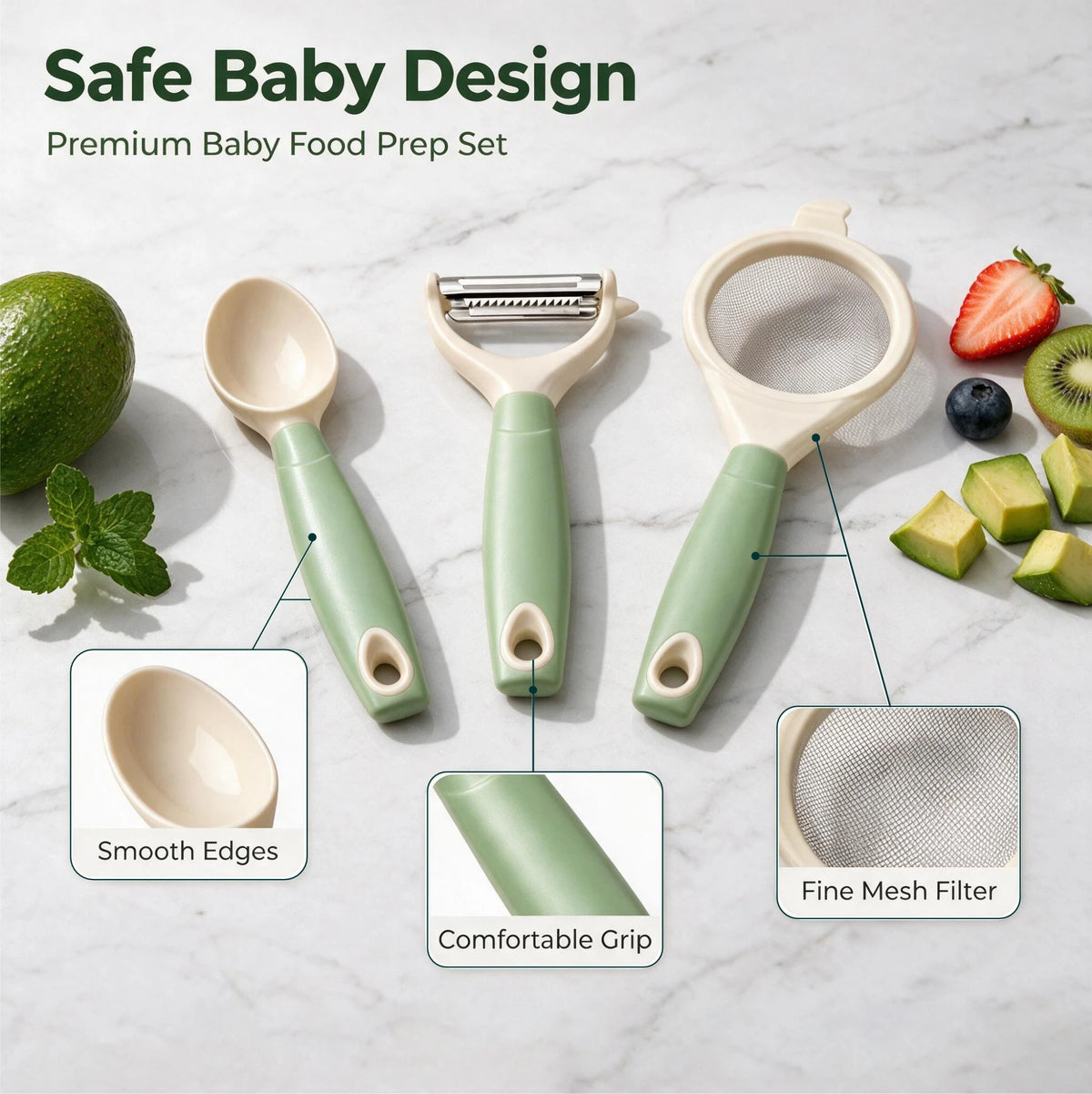 3PCS Baby Food Preparation Kit Baby Feeding Spoon Food Strainer Peeler Infant Feeding Tools